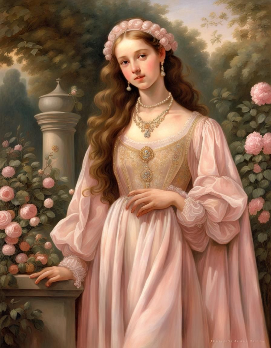 Renaissance Woman in Golden Gown with Pearl Jewelry