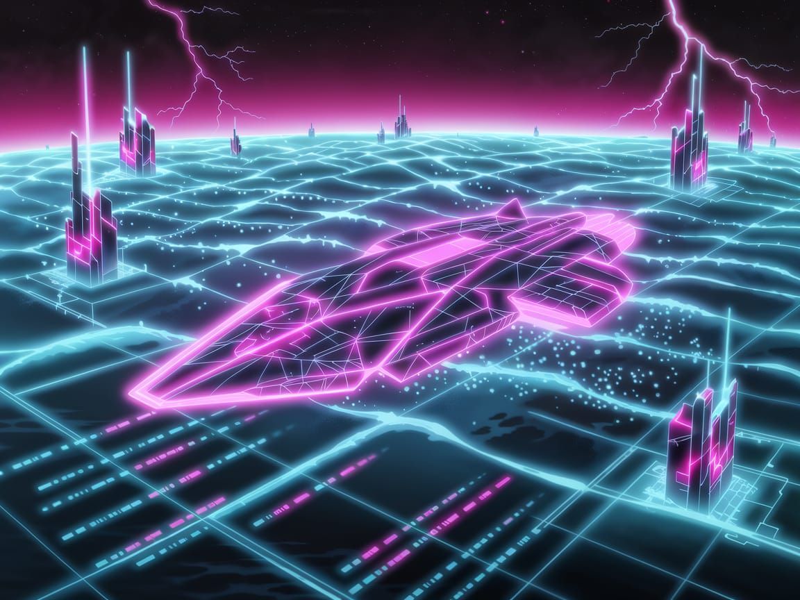 Tron-Grid Ocean World With Pink Lightship