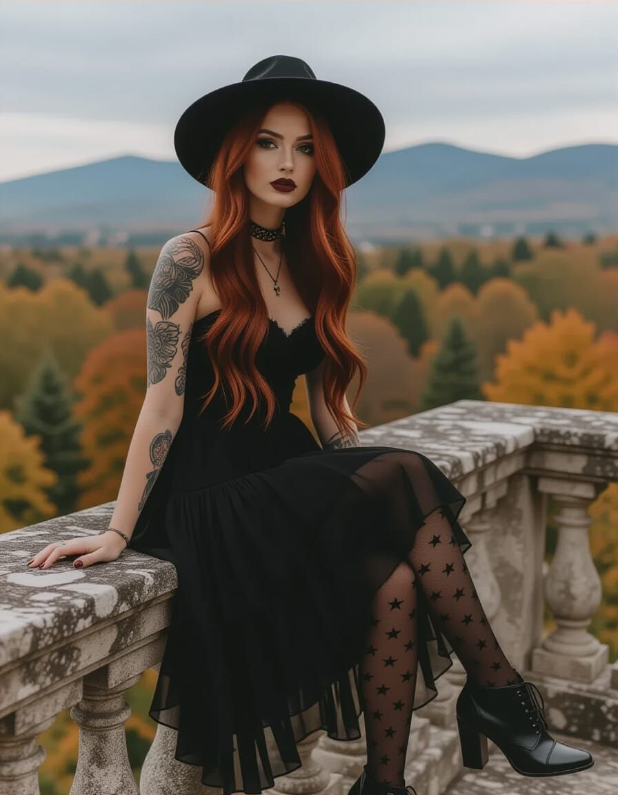 Woman in Black Dress and Hat on Balcony