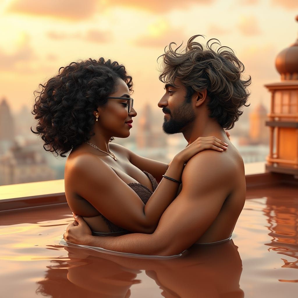 Romantic Indian Couple in Chocolate Pool, 3D Anime Art