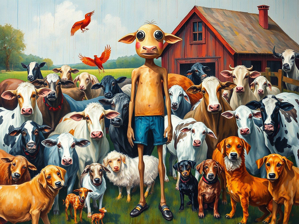 Joyful Farm Scene in Naive Folk Art Style