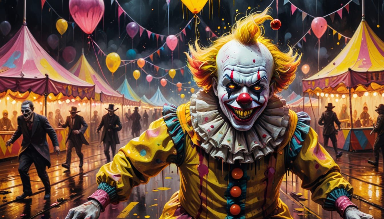 Creepy Clown at Haunted Carnival as Oil Painting