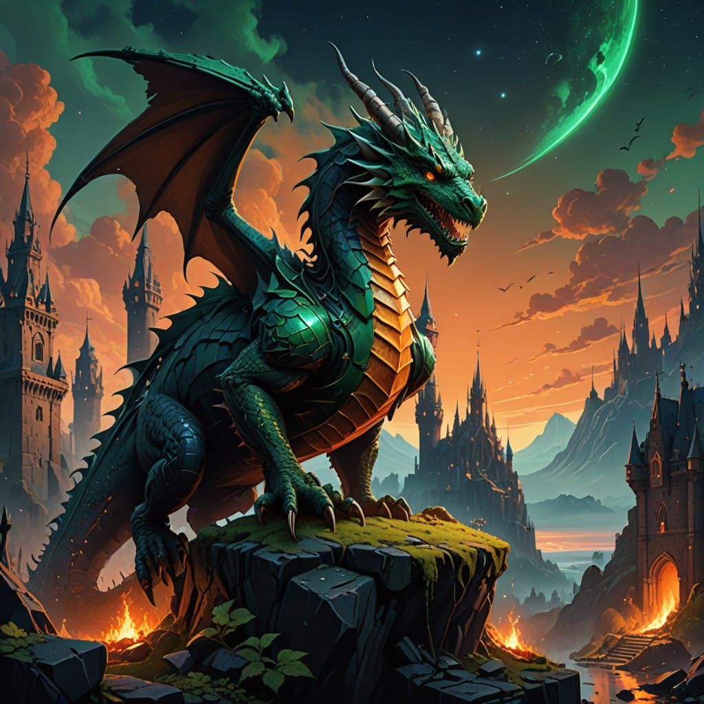 Majestic Fire Dragon Reigns Over Dark Castle in Shimmering L...