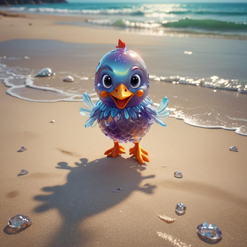Cute Crystal Chicken Runs on Beach: 3D Digital Art