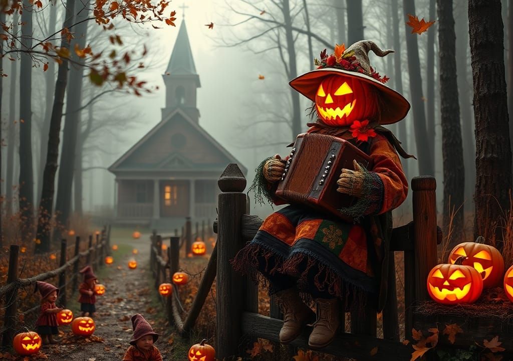 Autumn Scarecrow Plays Accordion in Enchanted Forest