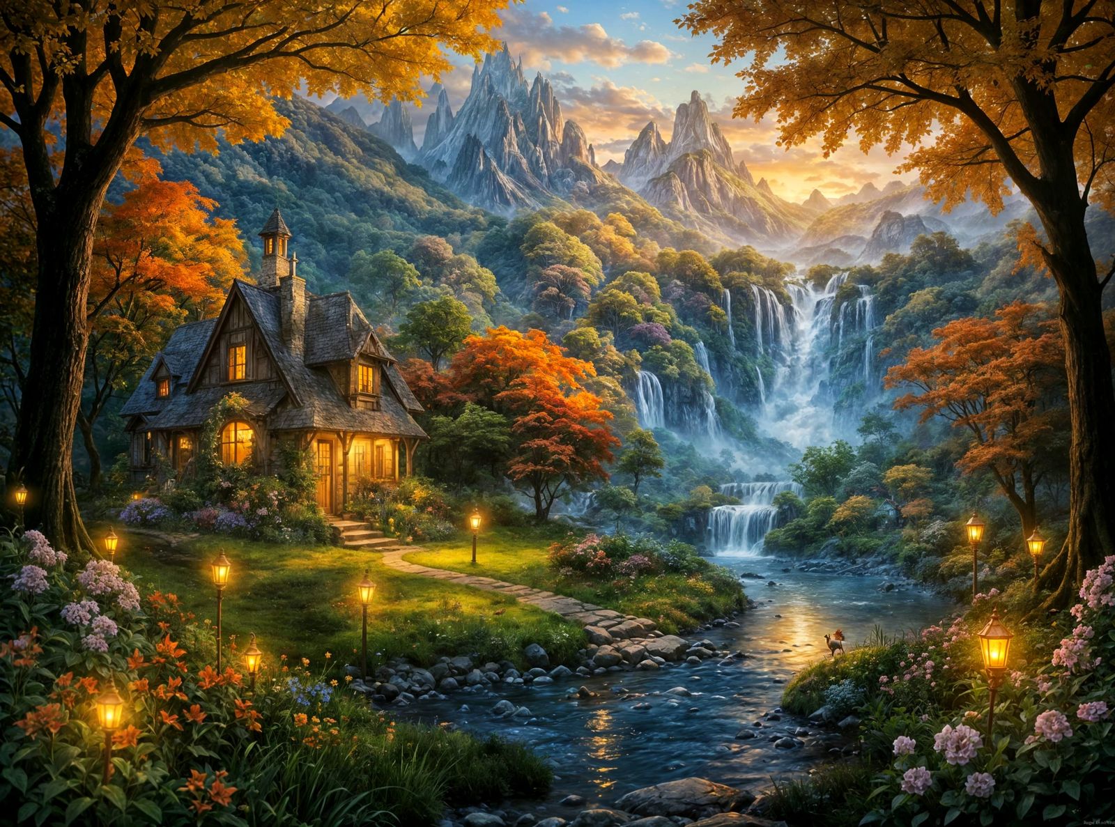 Magical Autumn House in Fairy Garden with Waterfall