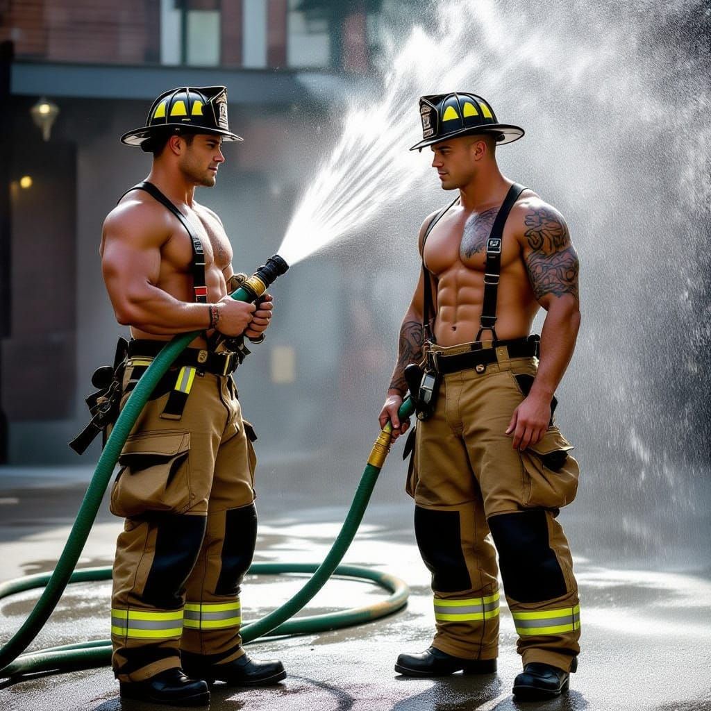Young Fireman Sprays Water on Colleague