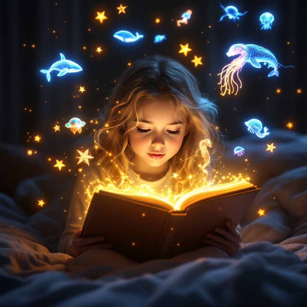 Girl Reading Magic Book, Ethereal Sea Creatures Emerge