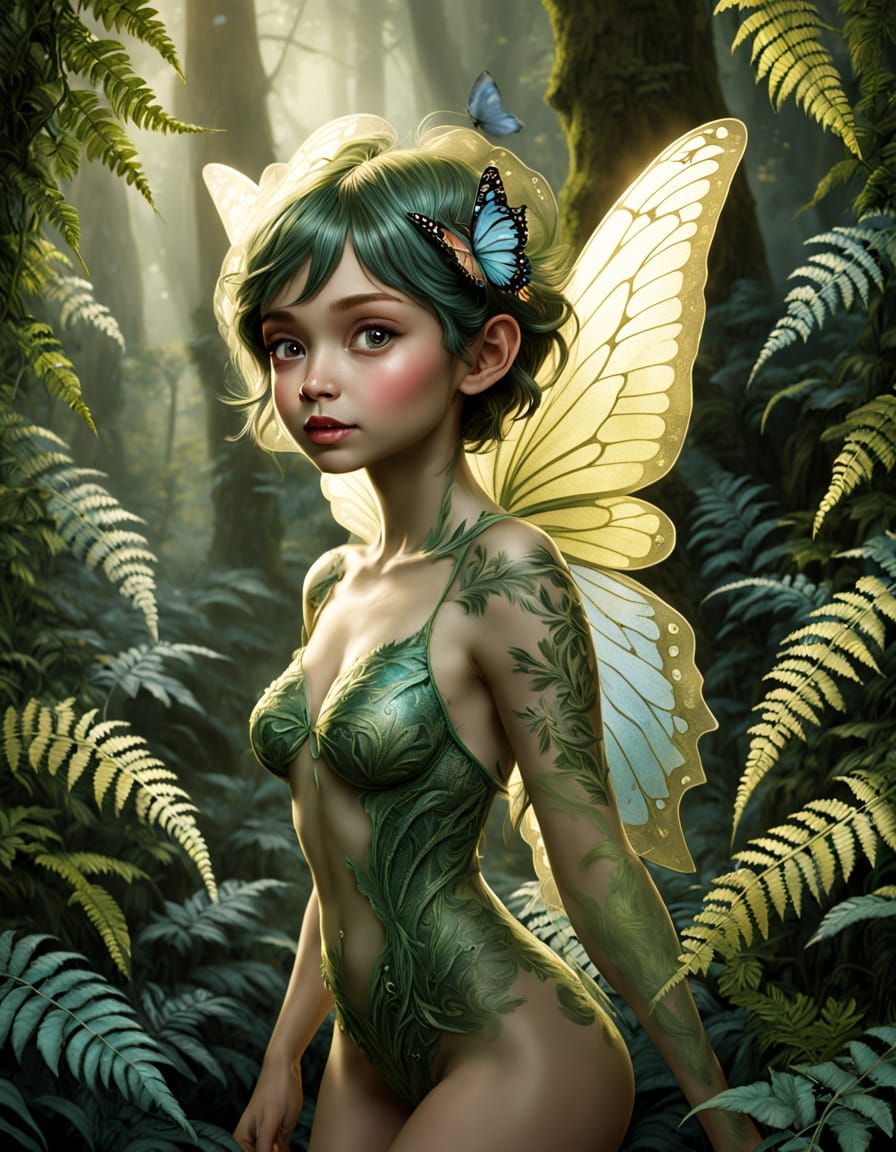 Pixie in Lush Forest, Whispering to the Wildflowers