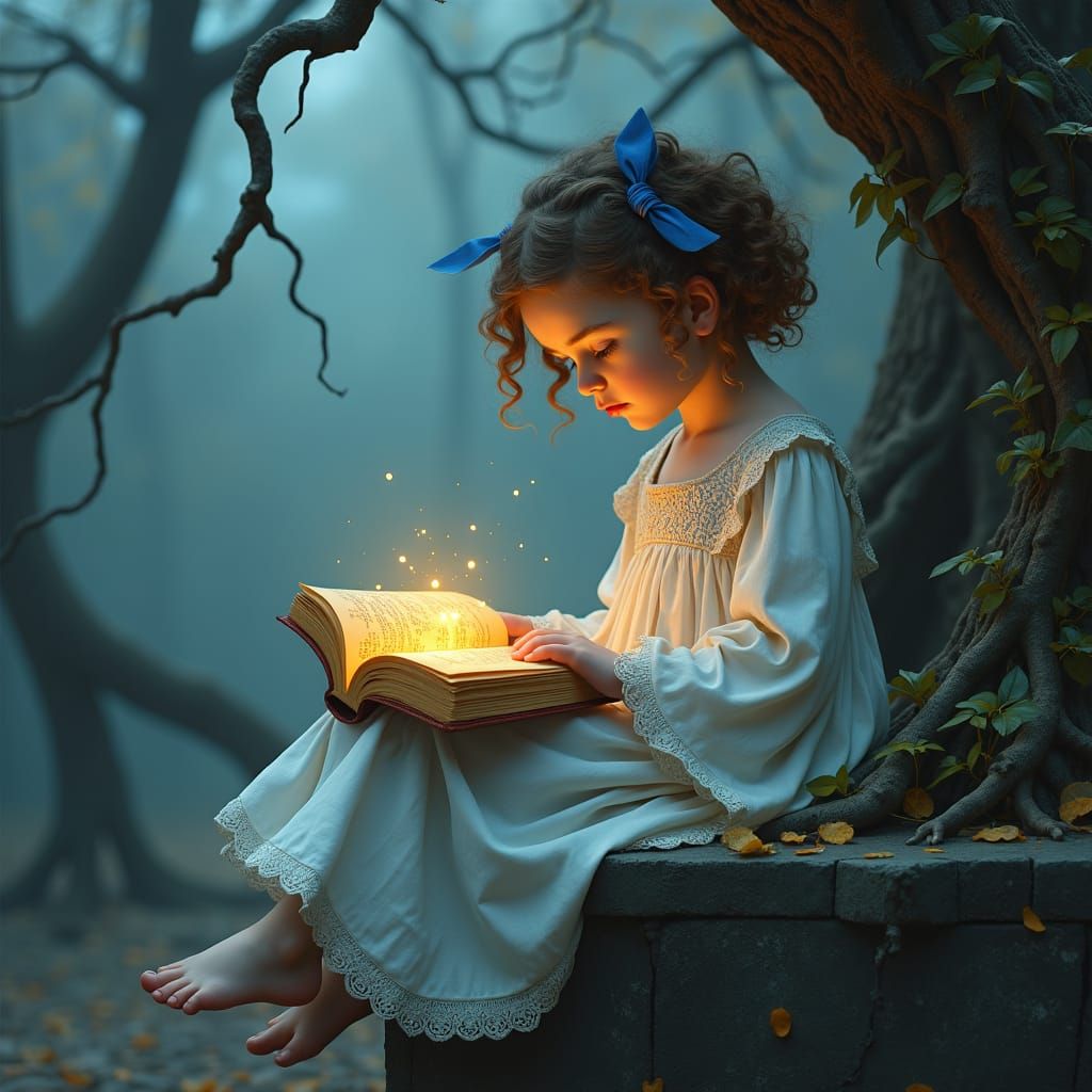 Girl and Glowing Book in Dreamlike Fantasy Art