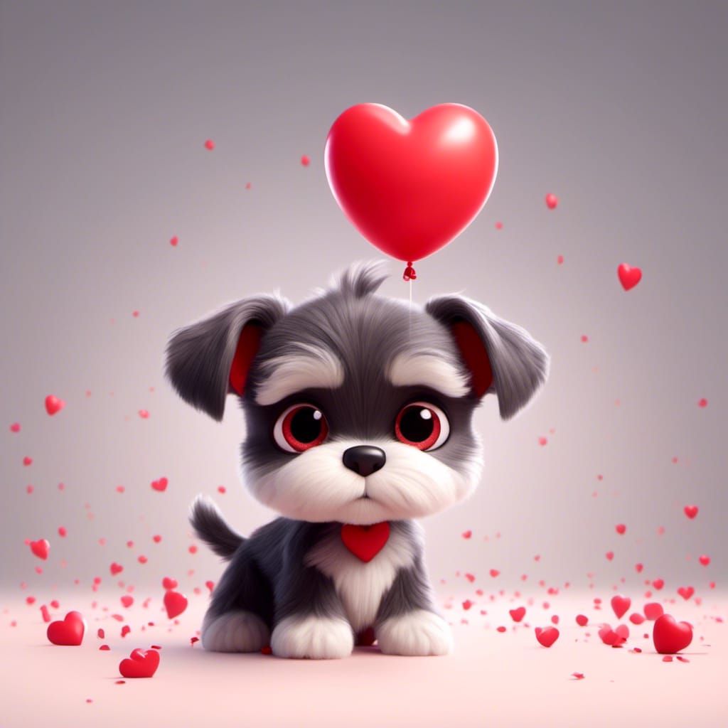 Sad Schnauzer Puppy with Balloons, Pixar Style