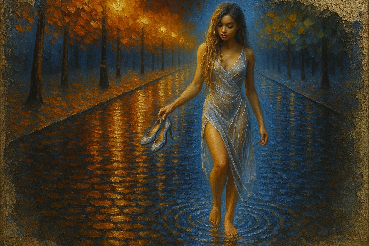 Rainy Evening Stroll: Impressionist Oil Painting