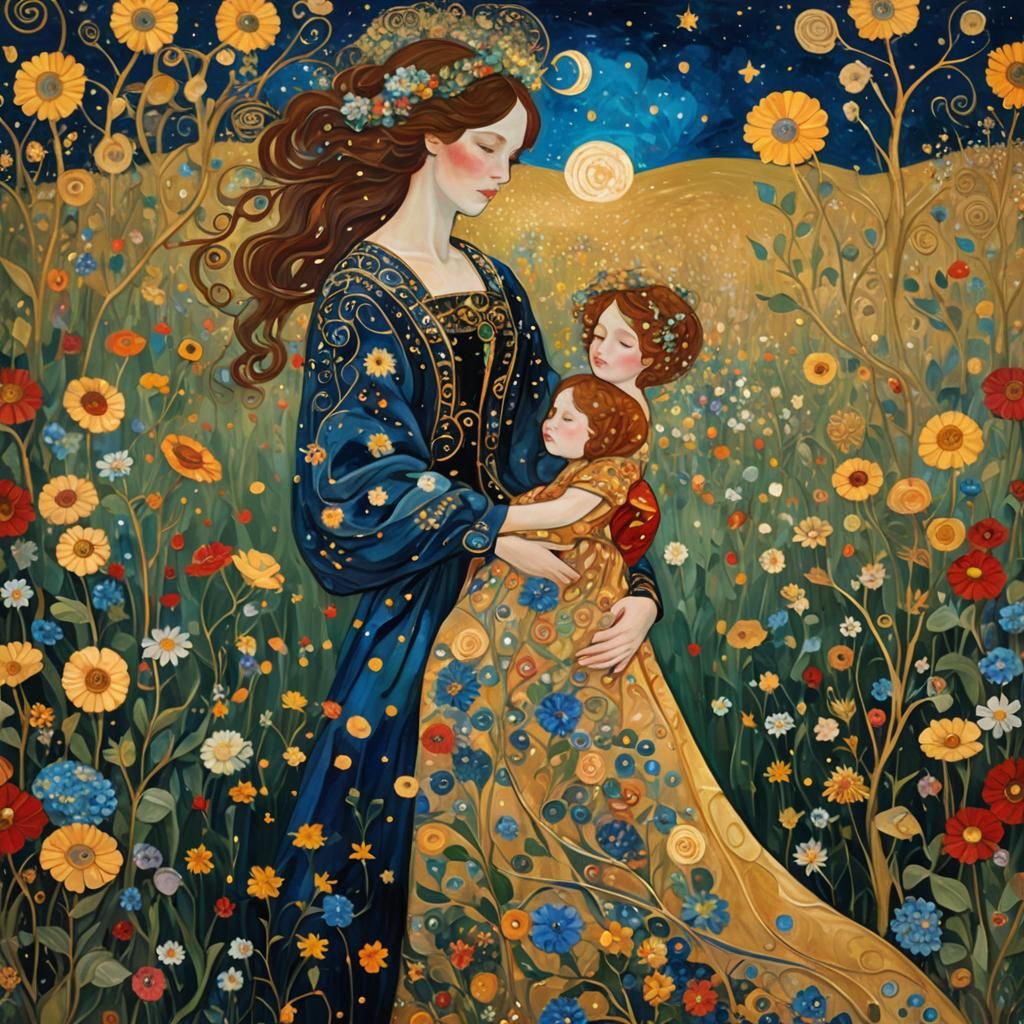Mother and Child in Starry Flower Meadow, Klimt Style