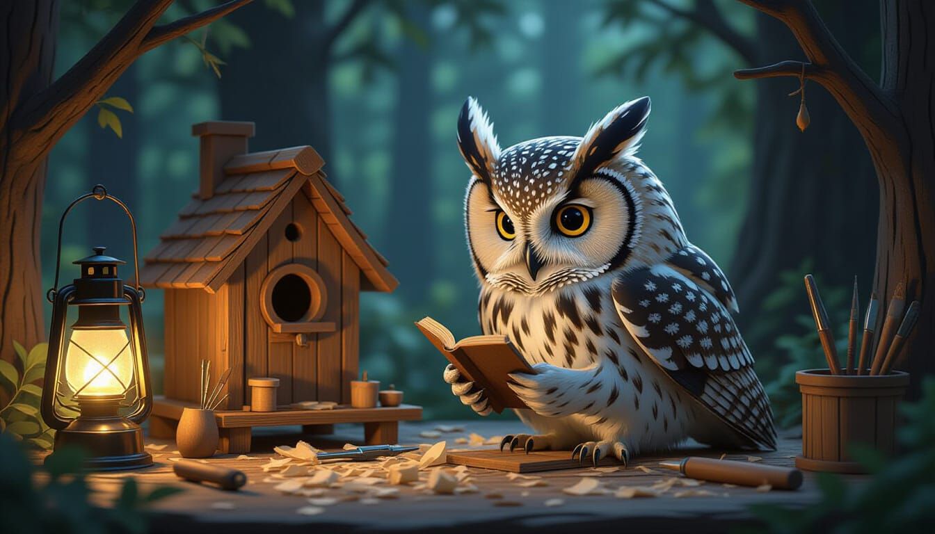 Wise Owl Crafts Miniature Birdhouses in Lantern-Lit Forest W...