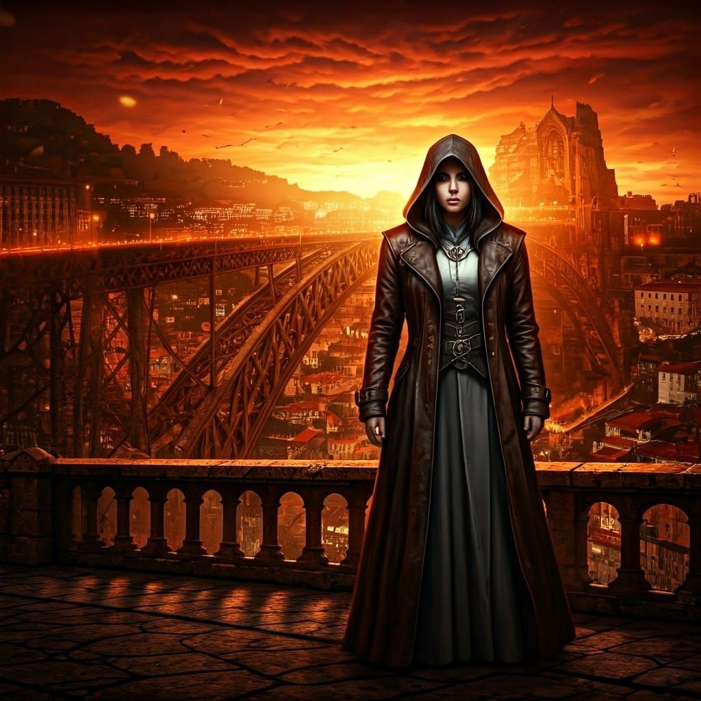 Heroic Woman on Gothic Bridge in Warhammer 40k Style