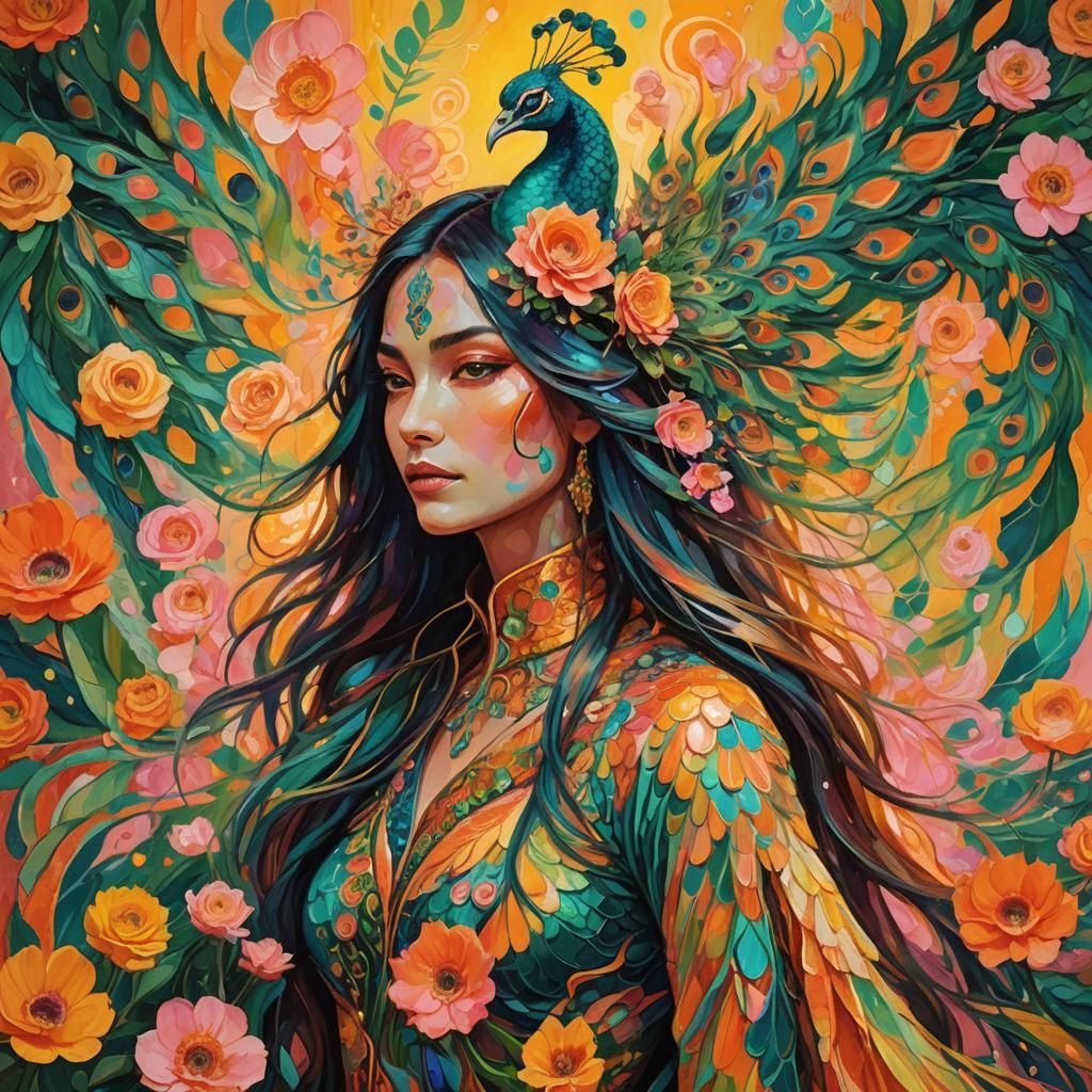 Dragon Peacock Woman in Abstract Expressionism