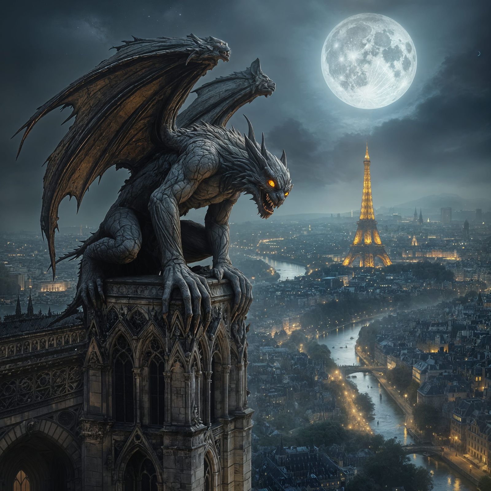 Stone Gargoyle Awakens Amidst Parisian Spires at Night