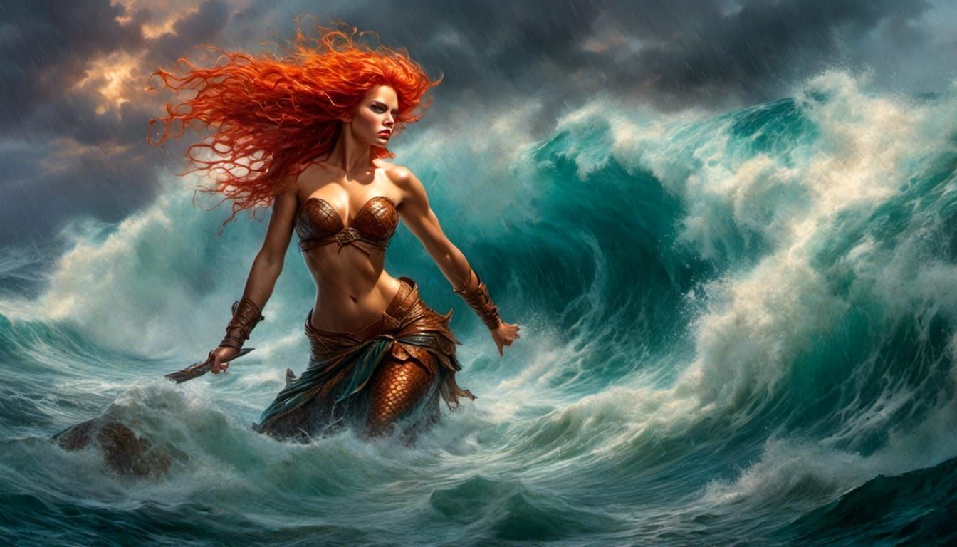 Mermaid Queen Emerges from Storm in Fantasy Art