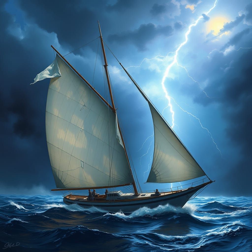 Dramatic Lightning Bolt Strikes Sailboat in Turbulent Stormy...