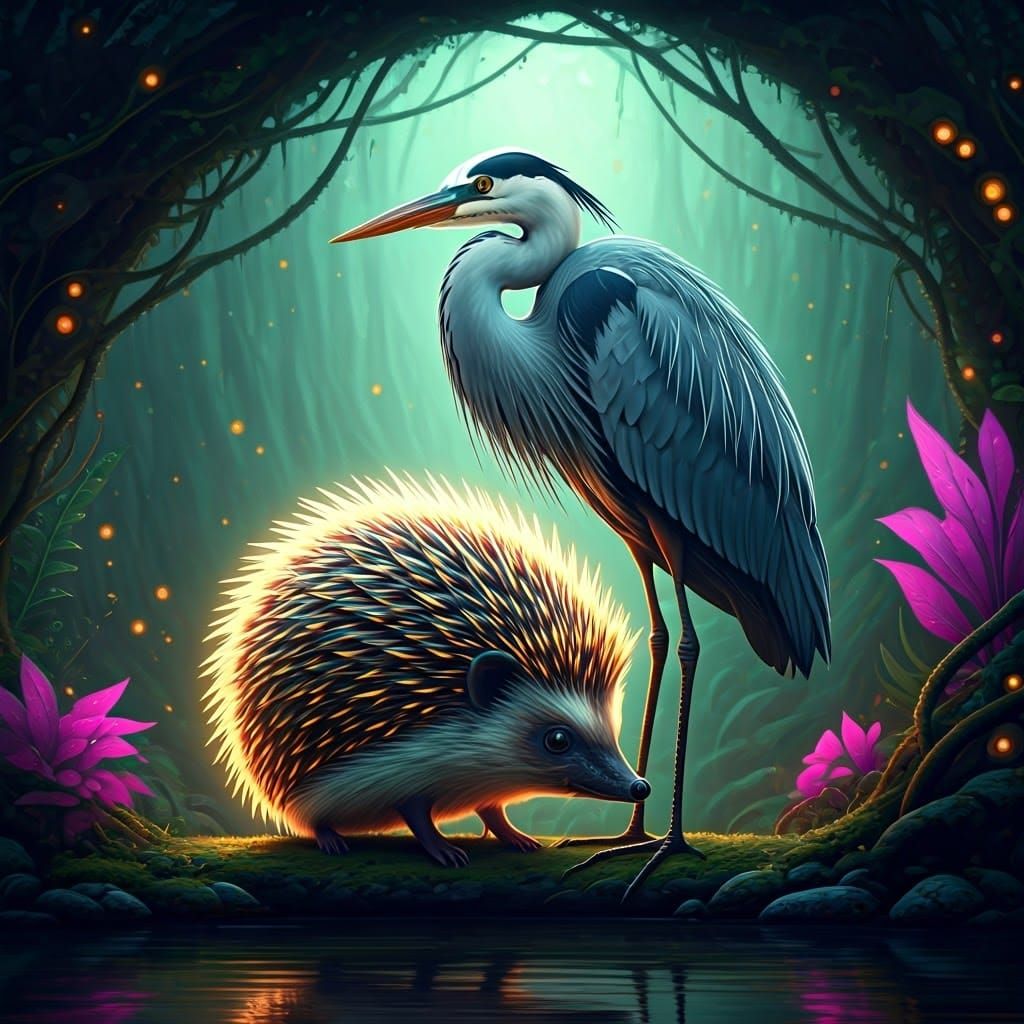 Heron on Hedgehog in a Mystical Landscape