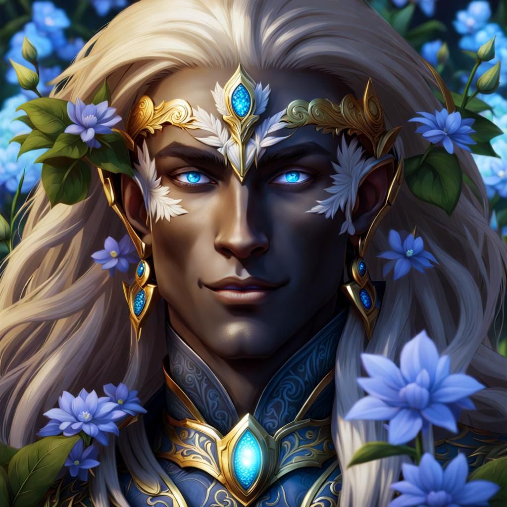 Dark Elf with Golden Hair in Floral Garden