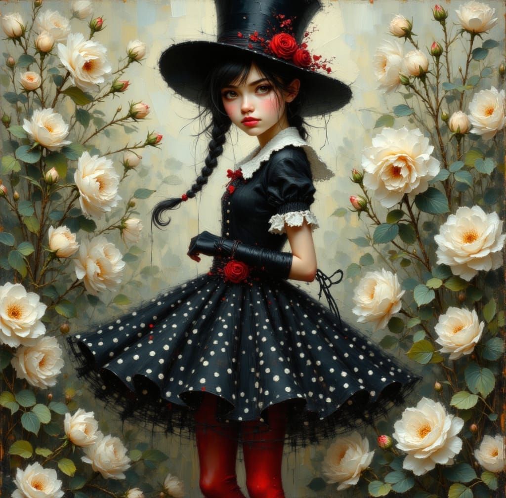 Woman in Top Hat and Polka Dots Among White Roses