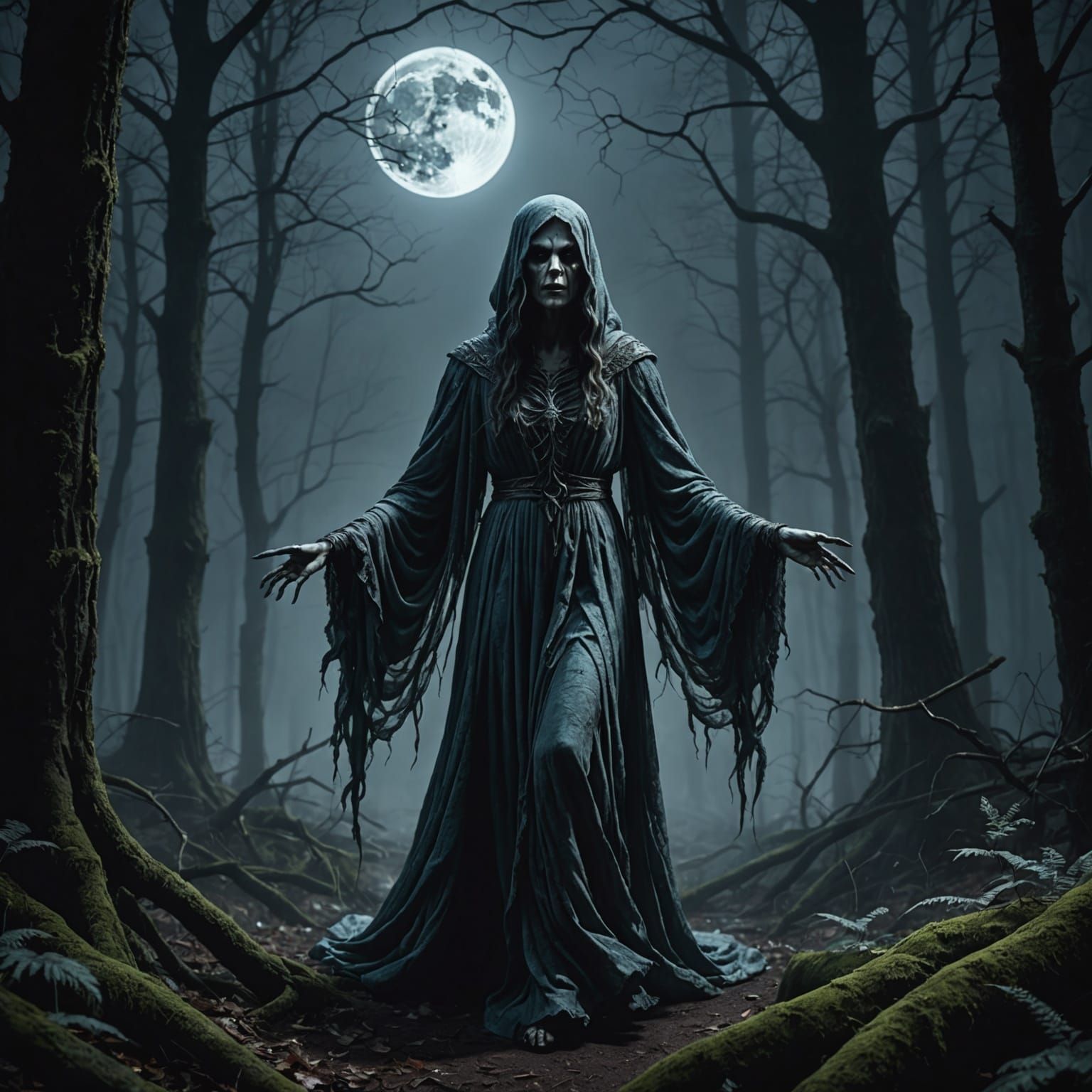 Sinister Banshee Ghost in Moonlit Forest