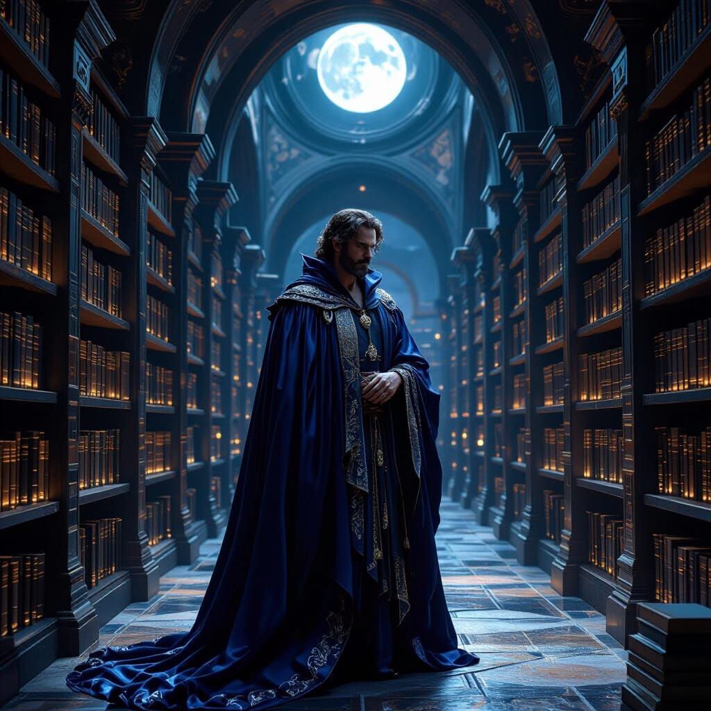 Man in Ancient Library Under Ethereal Moonlight