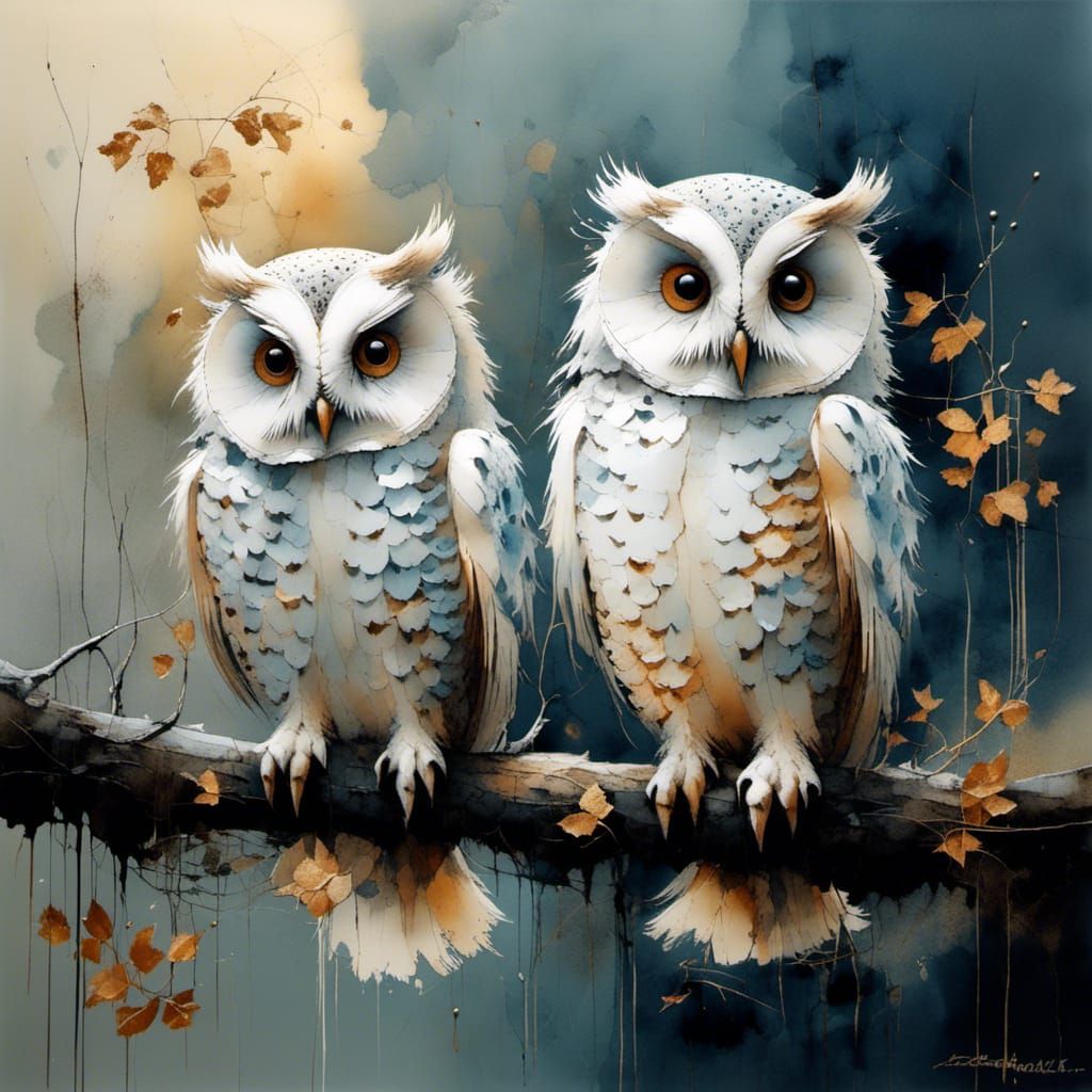Intricate Watercolor Owls in Entangled Woodsplash Style