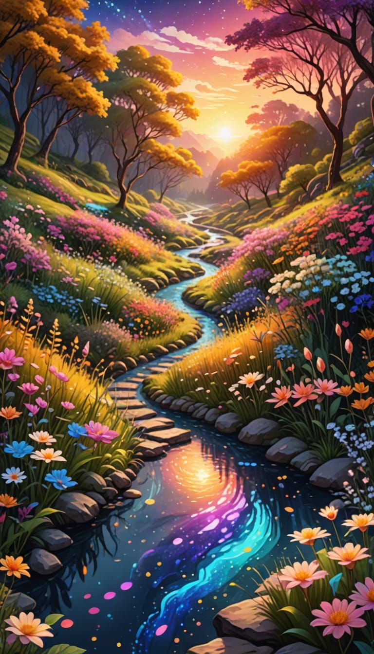 Serene Cosmic Forest Path at Sunset in Astral Style