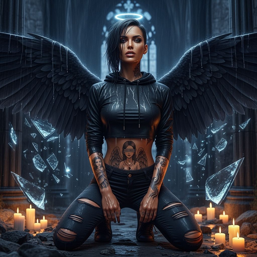 Gothic Angel in Cathedral Ruins: Hyperrealistic Digital Art
