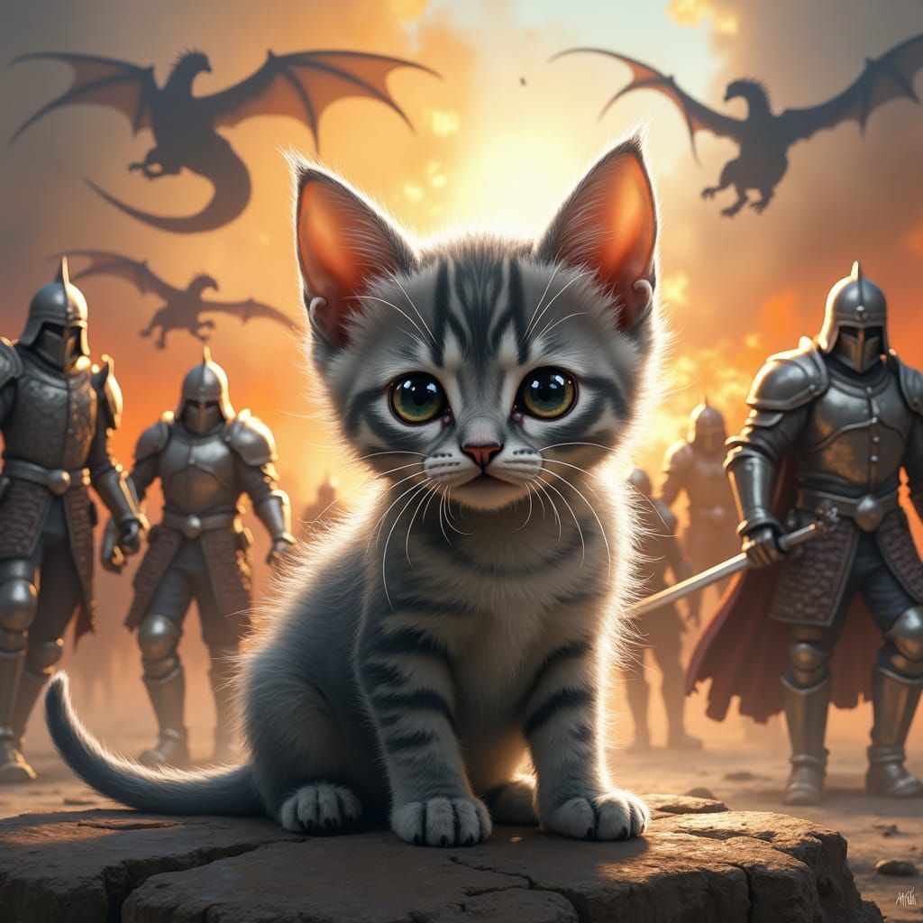 Kitten in Epic Battle, Oil Painting Style