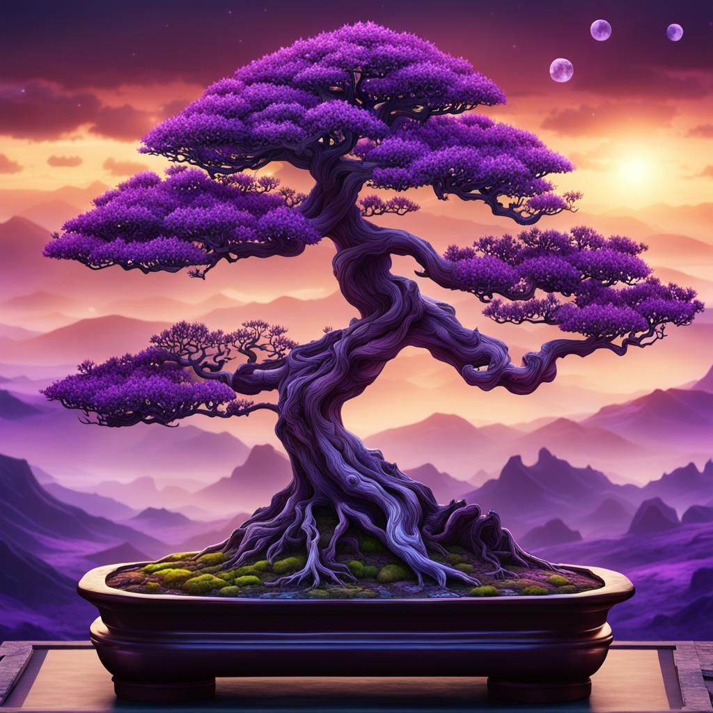 Purple Stained-Glass Landscape with Bonsai Tree