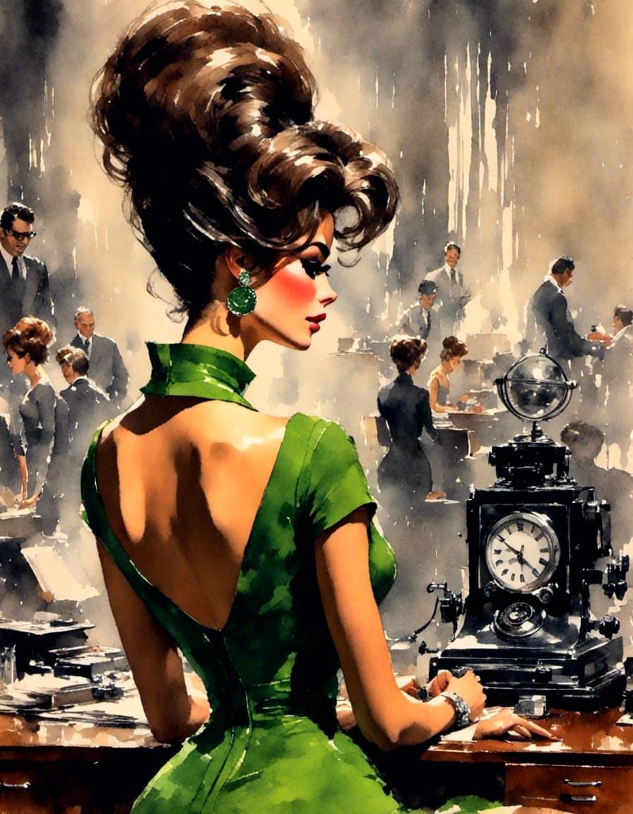 1960s Woman in Elegant Film Noir Office