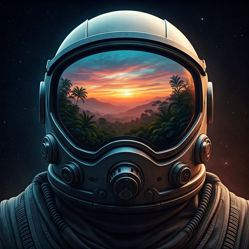 Spacesuit Helmet Reflecting a Rainforest Sunset