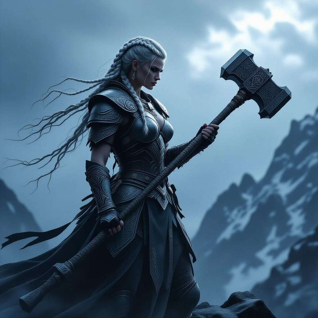 Battle Goddess on Windswept Peak in Norse Horror Style
