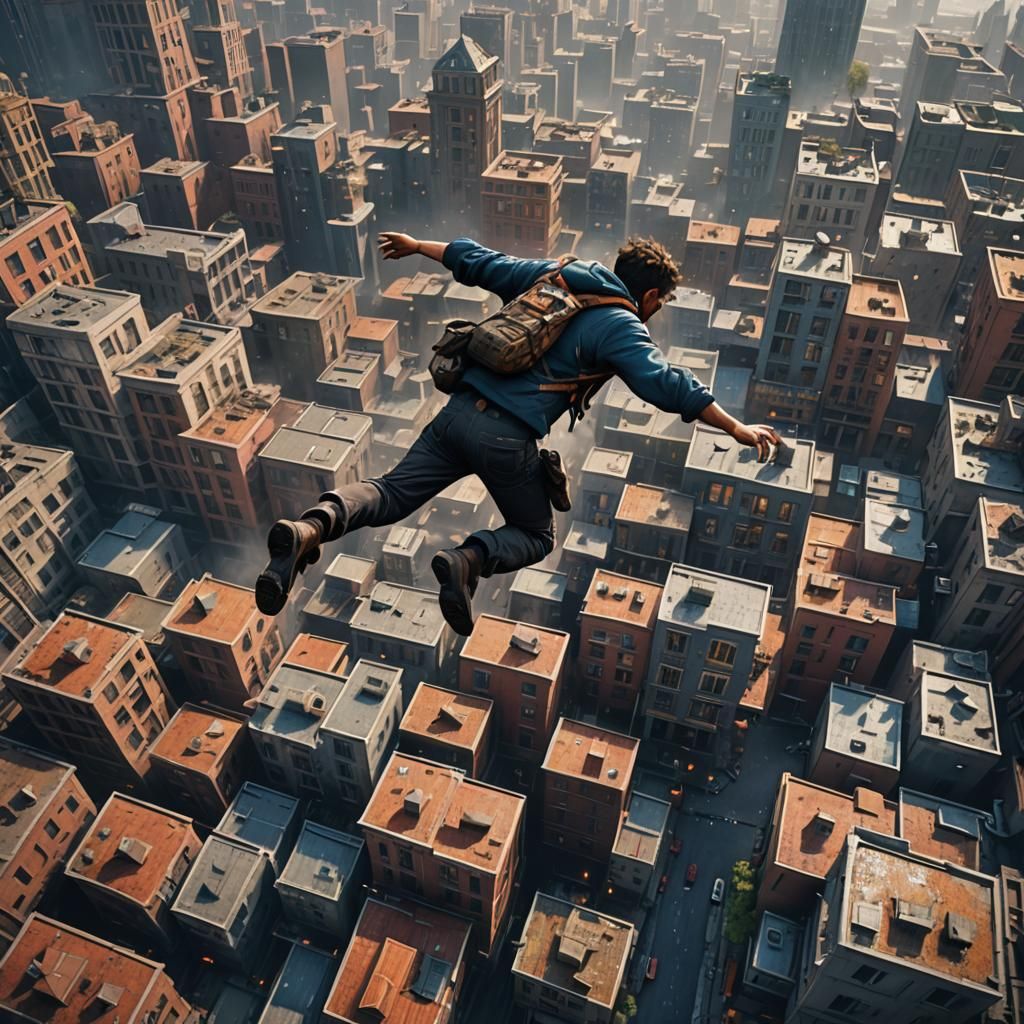 Epic Leap Across Cityscape in Detailed Digital Art