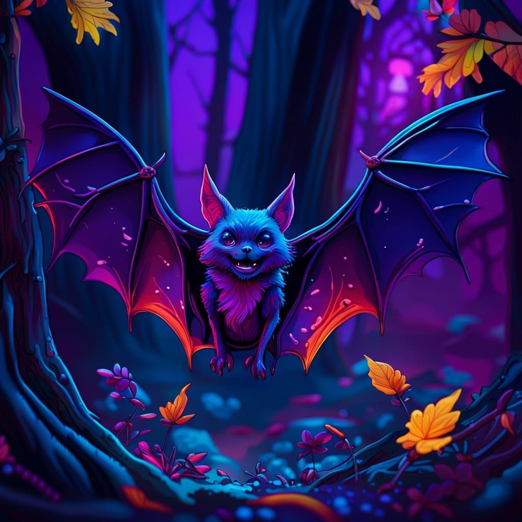 bat in the woods In the style of lisa frank