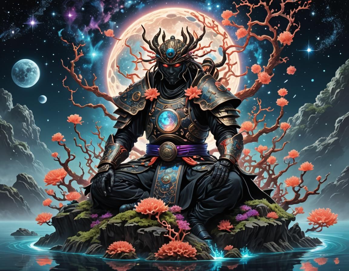 Celestial Coral Samurai Meditating in Cosmic Nebula