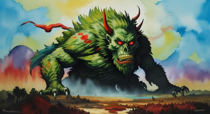 Monster Leader Occupying Territory in Gouache Style