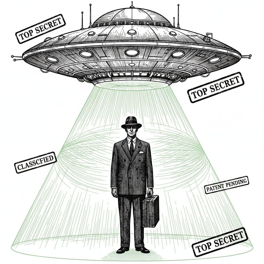 Atomic Age UFO Abduction Etching in Industrial Noir Style