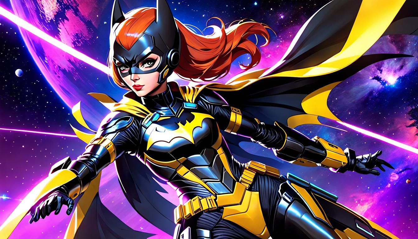 Batgirl in Cyberpunk Armor Flies Through Space