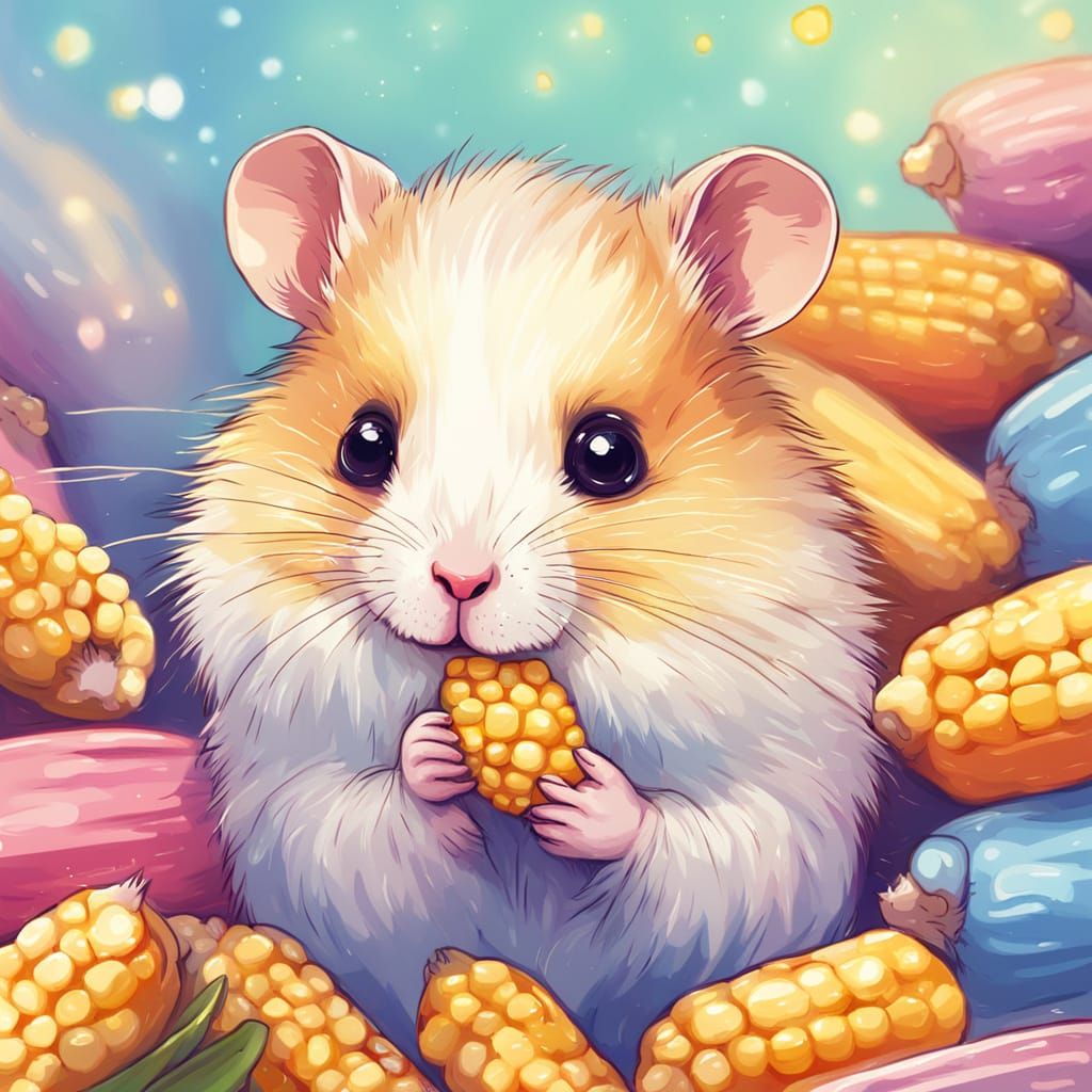 Kawaii Hamster Eating Corn in Pastel Colors
