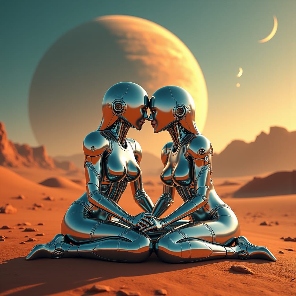 Futuristic Chrome Cyborg Couple in Martian Desert