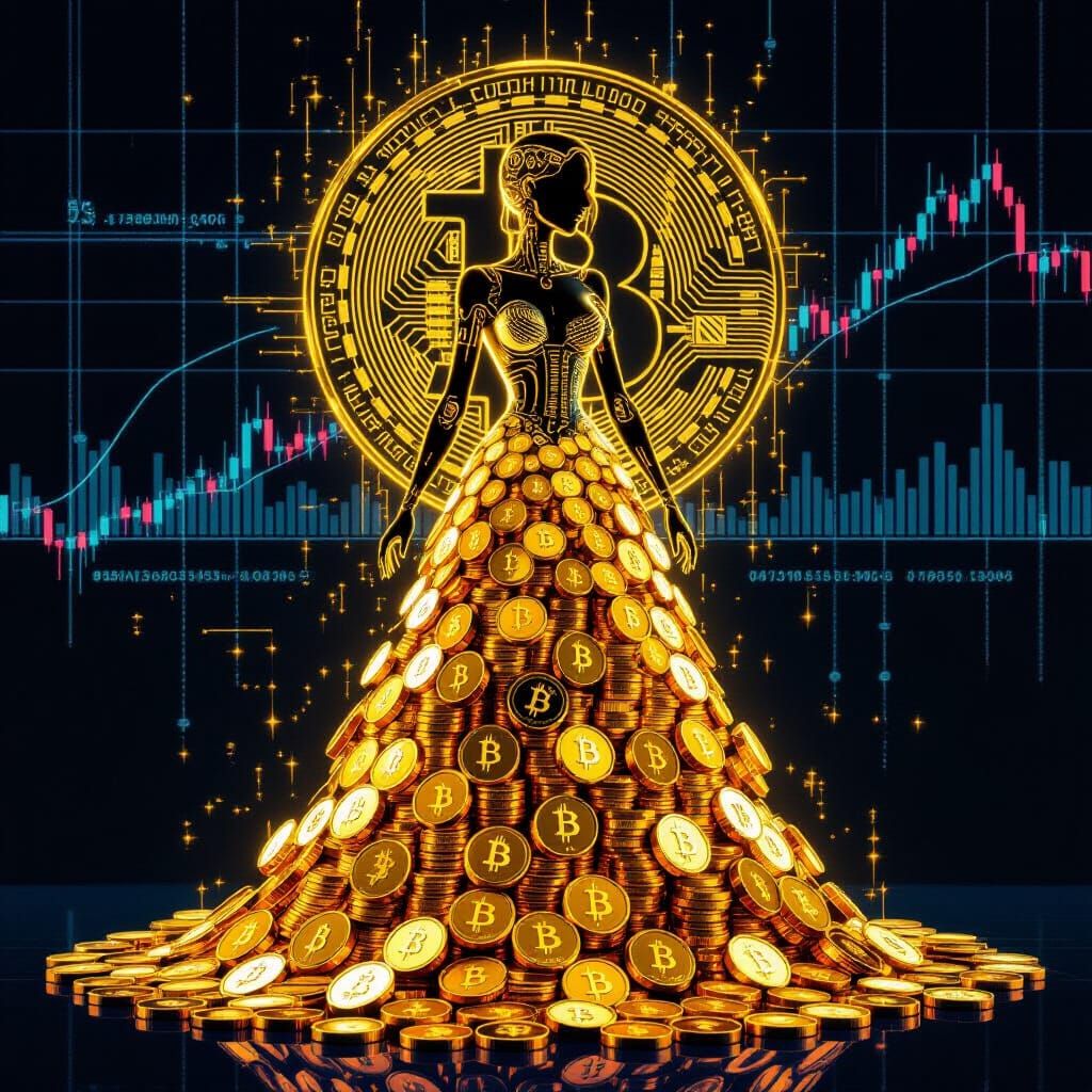 Cyborg Girl in Gold Coin Dress: Virtual Stock Market