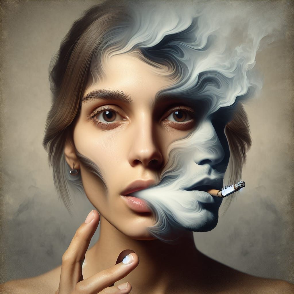 Surreal Portrait: Woman Exhaling Invisible Man in Smoke