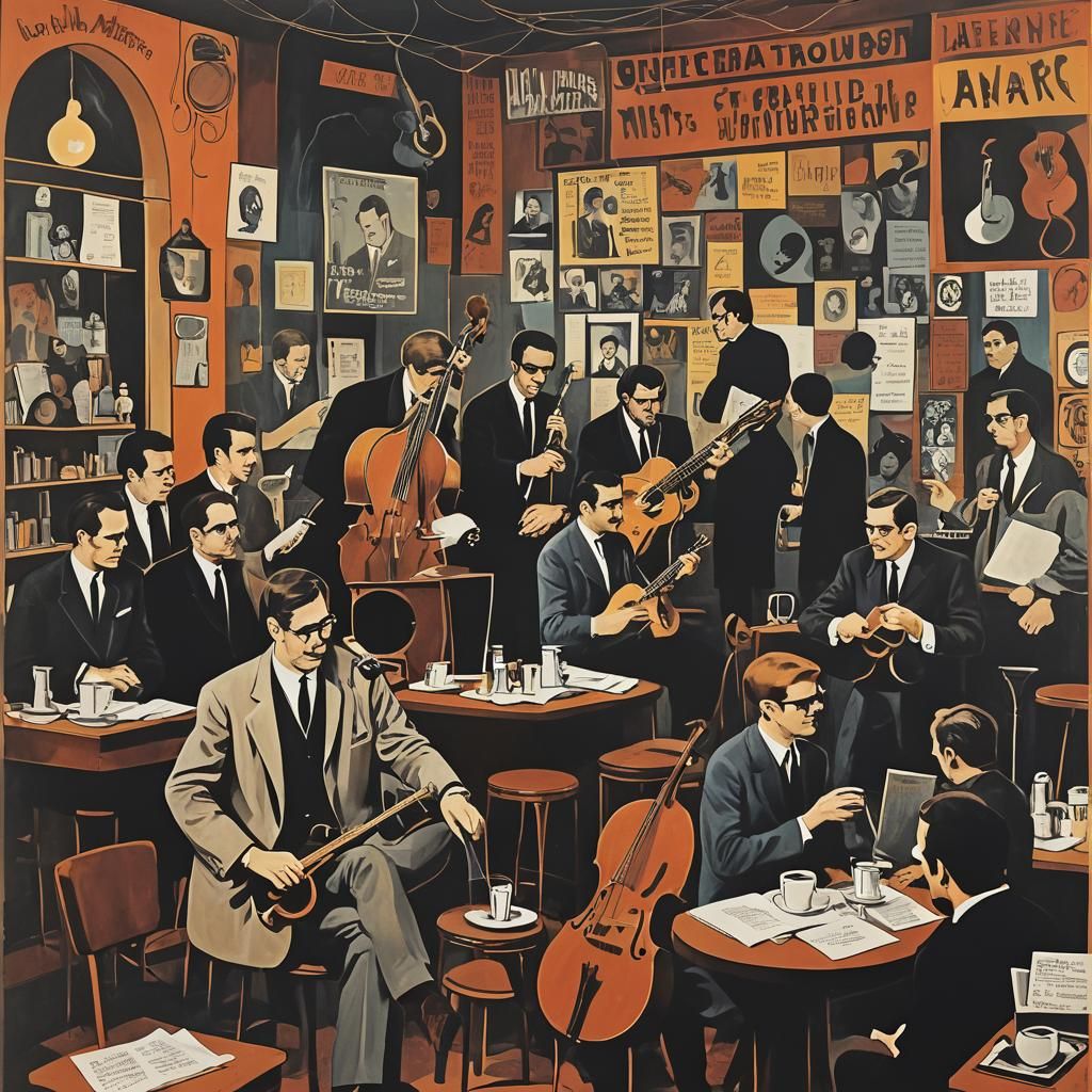 1960s Beatnik Coffeehouse Poster with Jazz Art