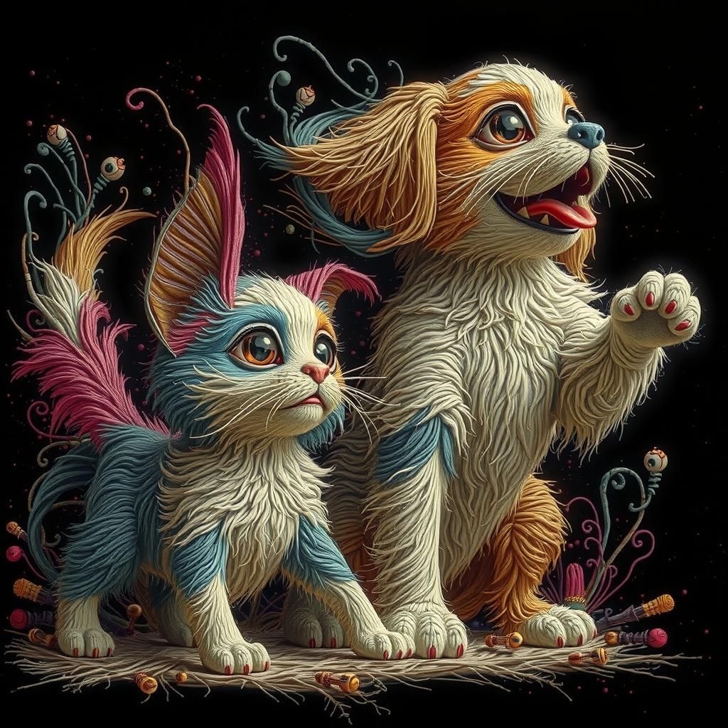 Hand-Embroidered Dog and Cat in Hyperrealism