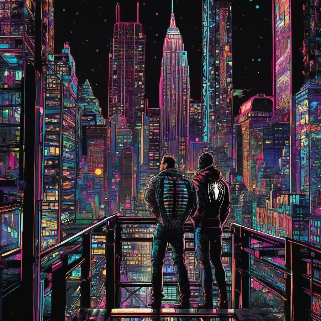 Spiderman in New York city with nigh lights, macrolens_bokeh; depth_of_field; line_art; maximalism; intricately_detailed...