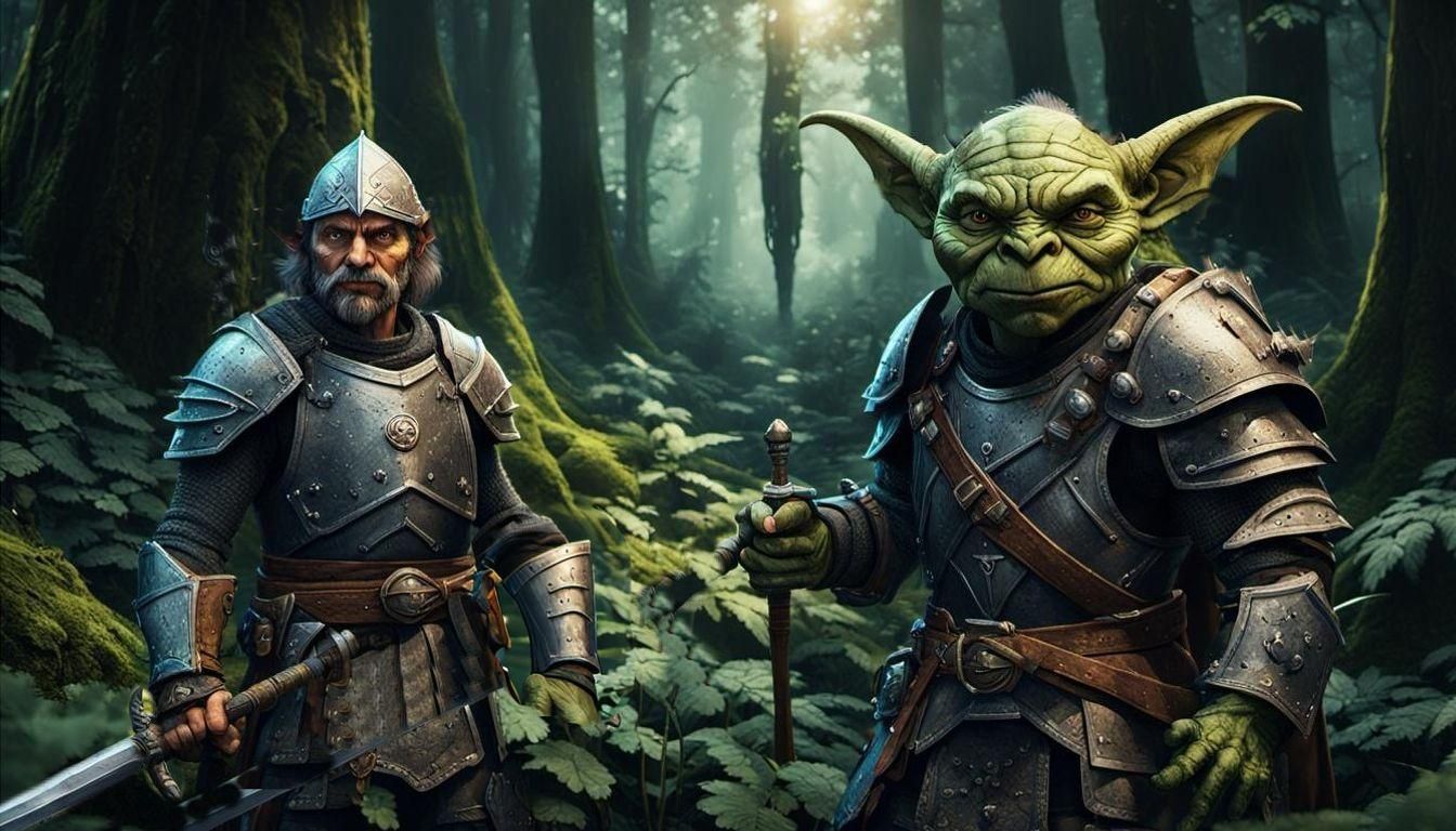 Fantasy Fighter and Goblin Druid in Lush Forest